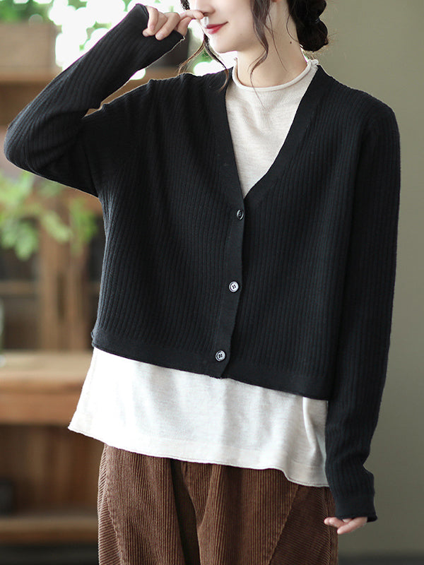 Retro Color-Block Fake Two-Piece Knitted Sweater Cardigan