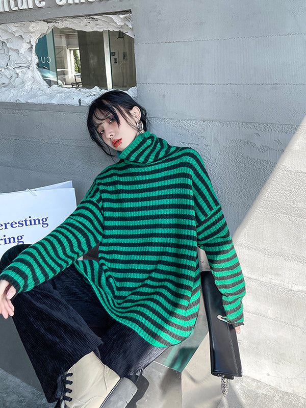 Urban Loose Striped High-Neck Sweater