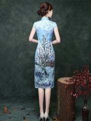 Blue Plum Blossom Short Cheongsam Dress