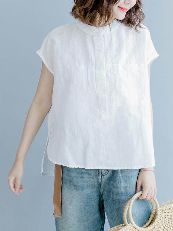Casual Solid Ramie Cotton High-low Pocket Shirt