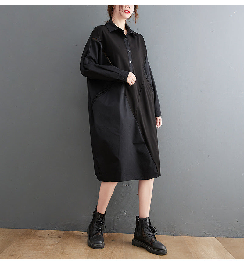 Solid Color Stitching Long-Sleeved Shirt Midi Dress