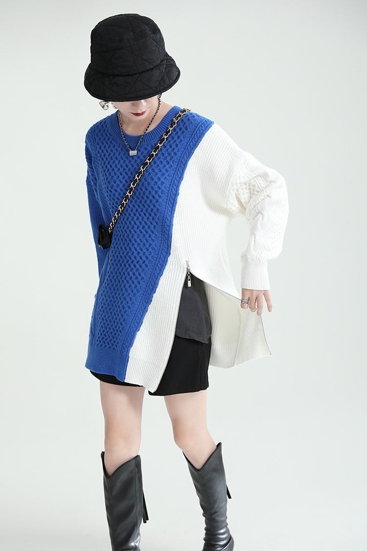 Simple Loose Color-Block Zipper Knitted Sweater