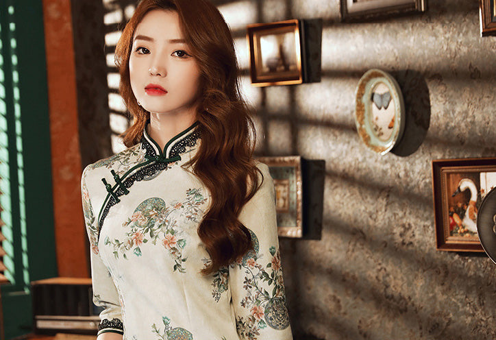 Stand-Up Neckline, High Slit, Seven-Part Sleeve Lace Cheongsam Maxi Dress