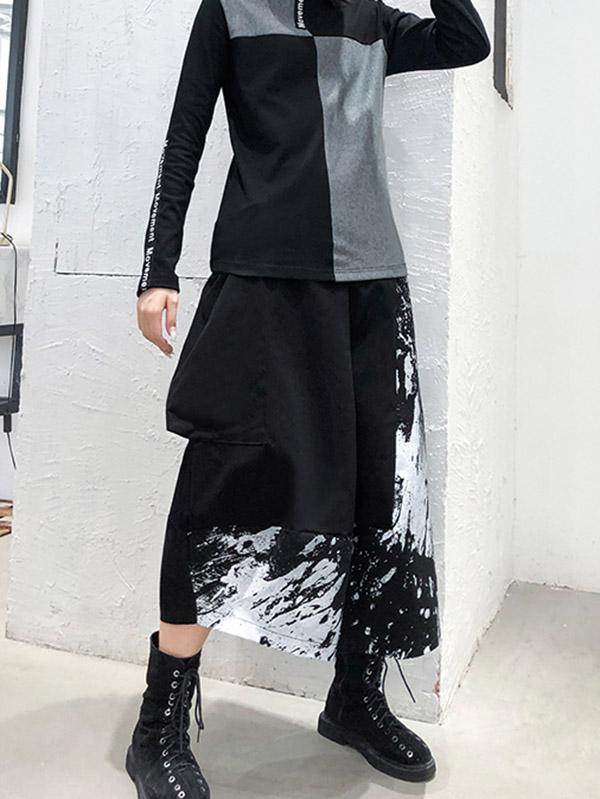 High-Waist Painted Graffiti Splicing A-Line Skirt