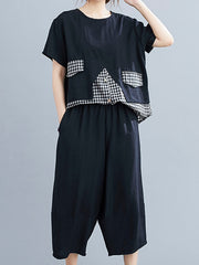 Women Casual Plaid Irregular Stitching Short Sleeve T-Shirt Pants Suit