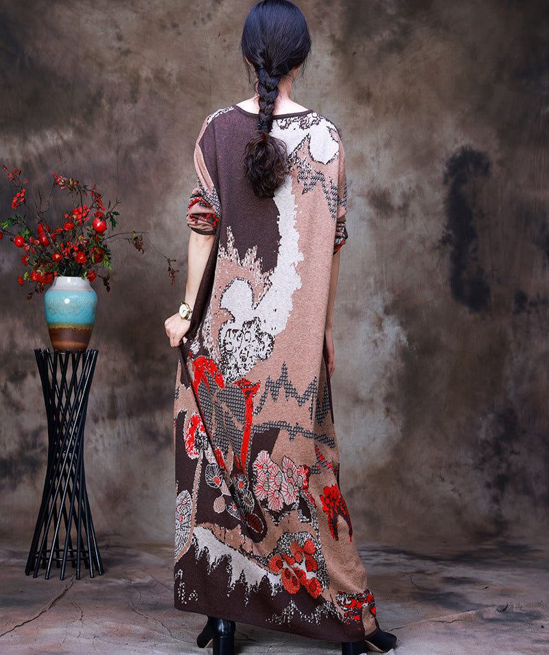 Round Neck Print Knit Midi Dress