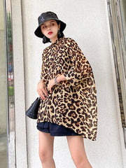 Leopard Print High-Low Roomy Stand Collar Shirt