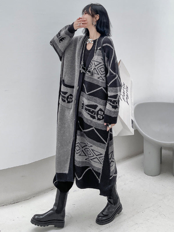 Urban Roomy Knitting Asymmetric Jacquard Cardigan Coat