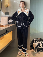 Casual Coral Fleece Jacquard Long Sleeve Lapel Collar Cardigan Top & Pants Pajamas Set