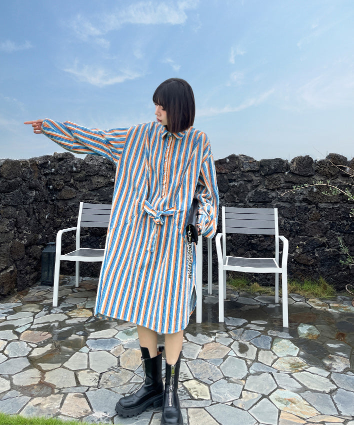 Loose Striped Belted Irregular Shirt Dress