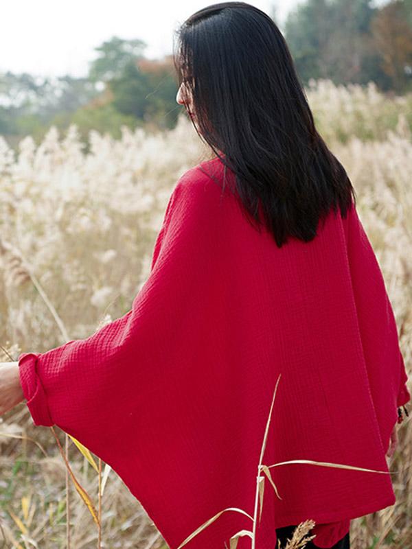 Vintage Solid Color Loose Button Bat Sleeve T-Shirt
