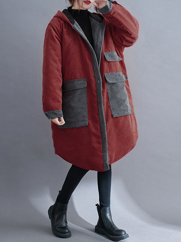 Loose Corduroy Large Pockets Thick Hooded Mid-Length Cotton Coat