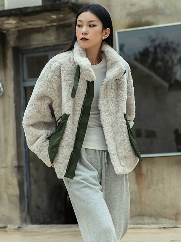 Urban Contrast Color Split-Joint Faux Fur Outerwear