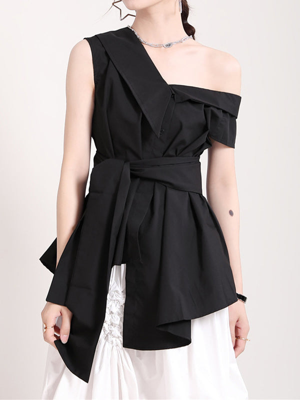 Women Lace Up Big Bow Irregular Slanted Shoulder Shirt
