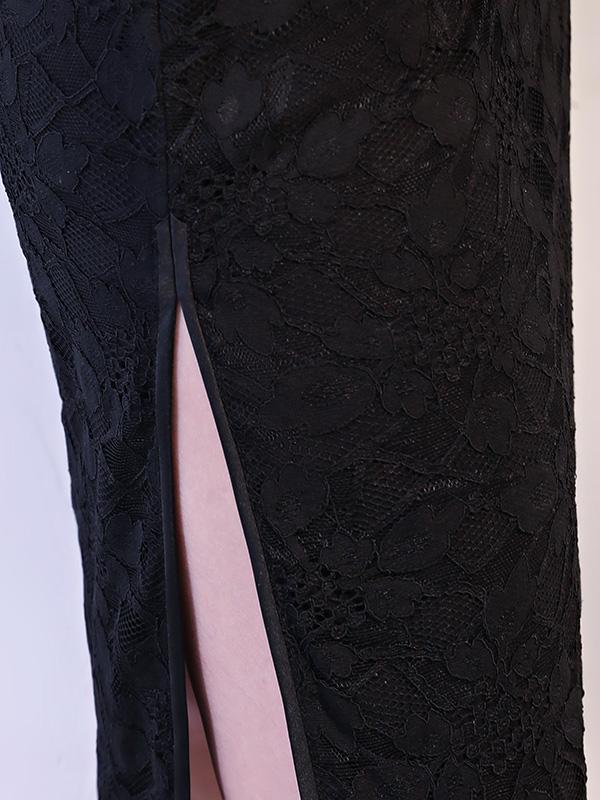 Black Lace See-through Split-side Short Cheongsam