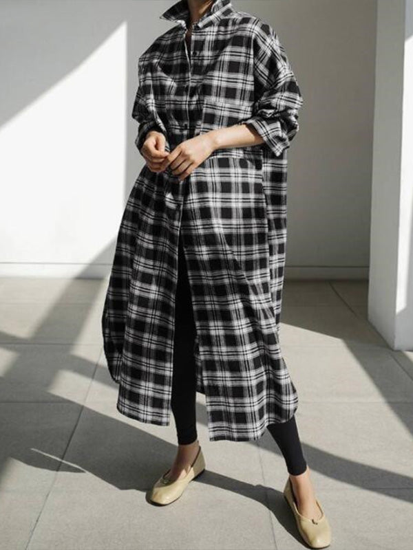 Classic Plaid Lapel Collar Maxi Shirt Dress