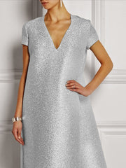 Loose Short Sleeves Shiny Solid Color V-Neck Maxi Dresses