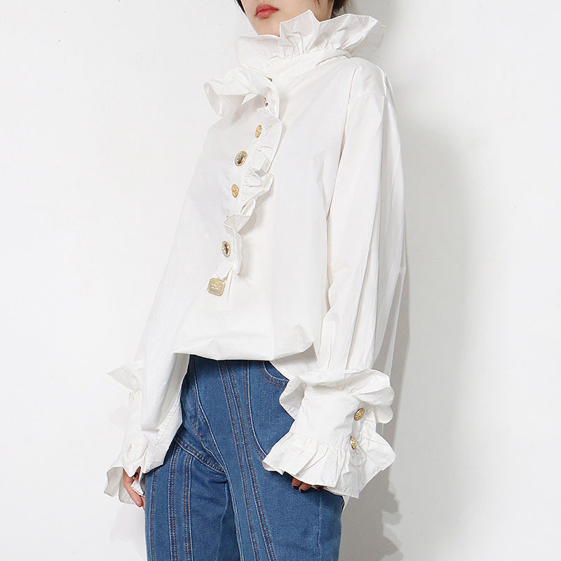 College Style Lace Stand Collar Splicing Shirt