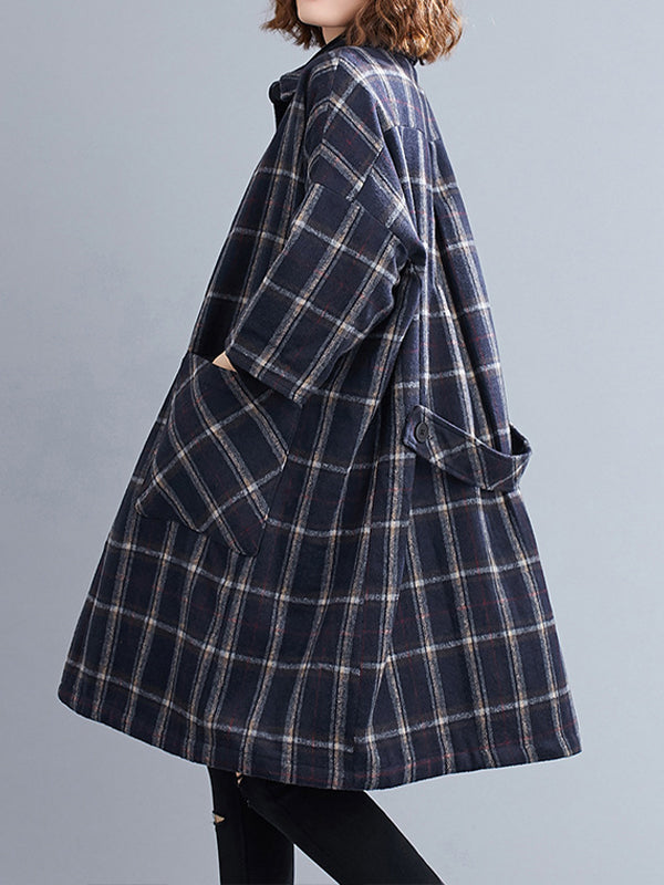 Women Retro Plaid Lapel Coat