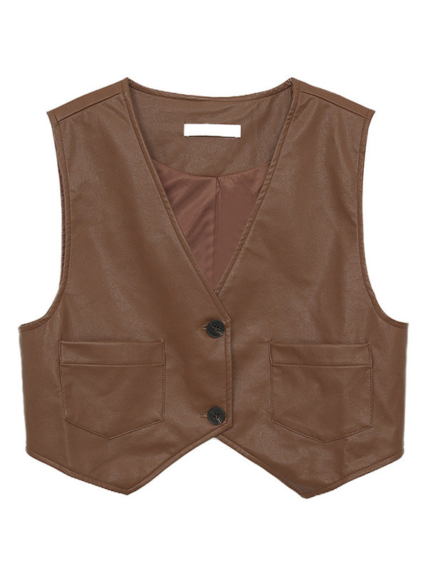 Retro Sleeveless V-Neck Pu Waistcoat