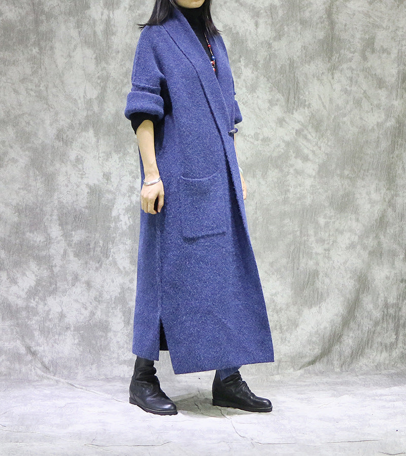 Retro Solid Color Woolen Long Outwear With Big Pocket