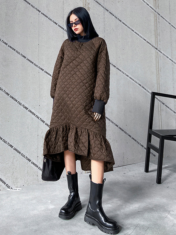 Casual Ruffled Solid Color Plaid Midi Dress