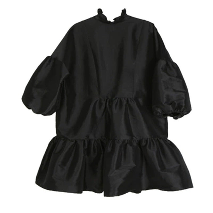Retro Puff Sleeve Solid Color Midi Dress