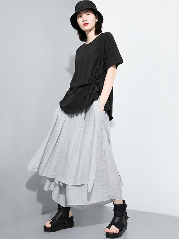 Simple Split-Joint Solid Lace-Up T-Shirt
