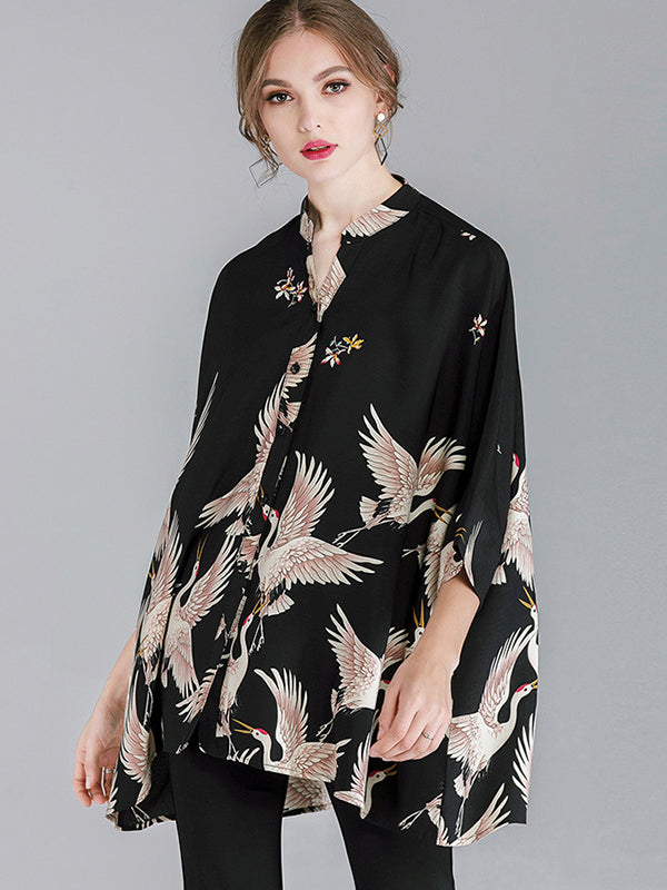 Crane Print Loose Oversized Shirt