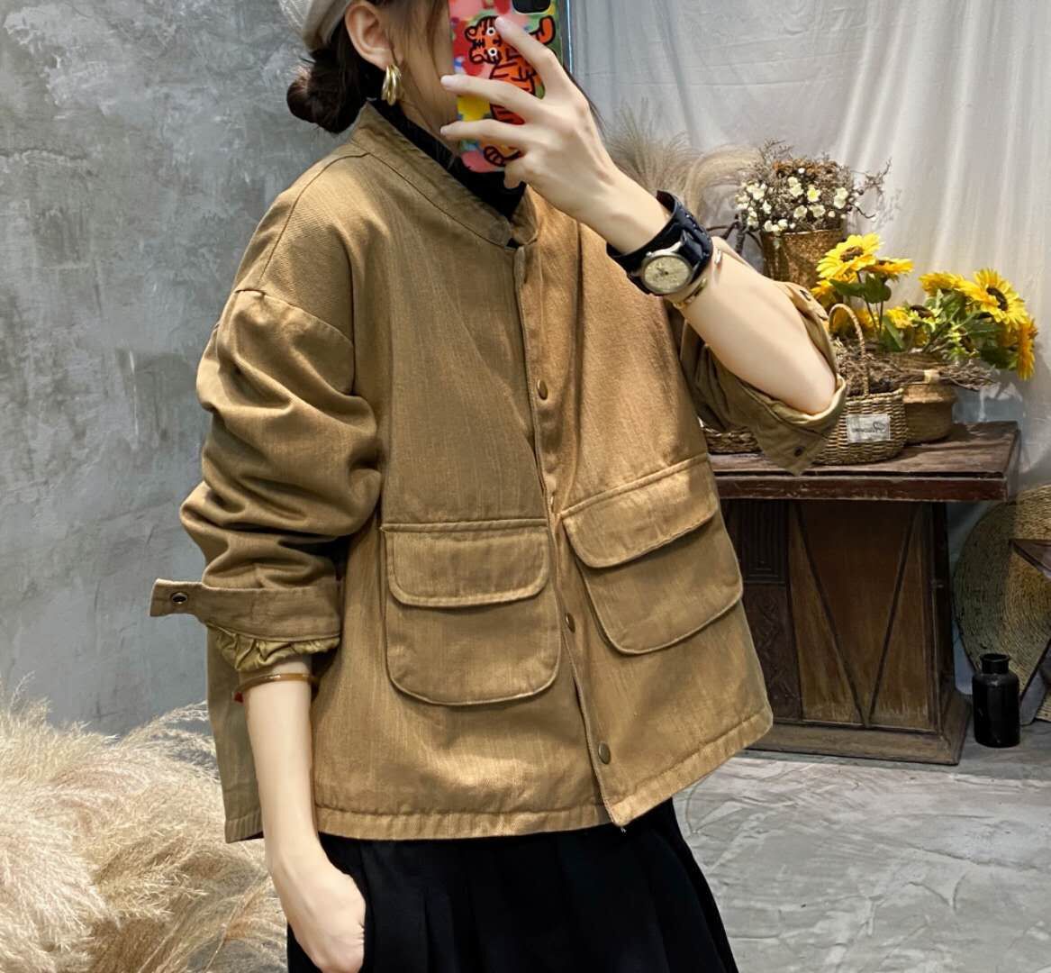 Women Retro Stand Collar Solid Color Coat