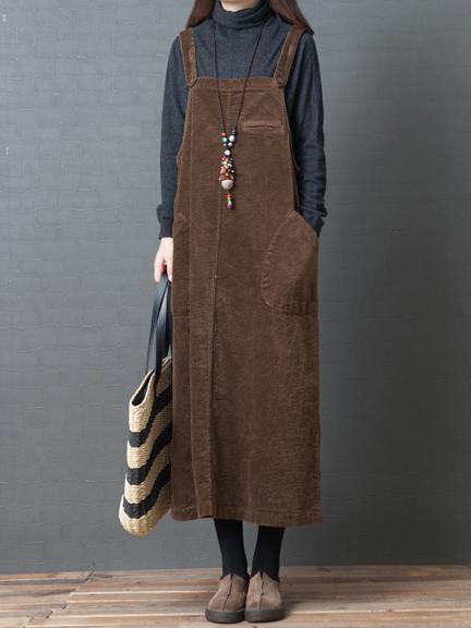 Casual Corduroy Long Suspender Skirt