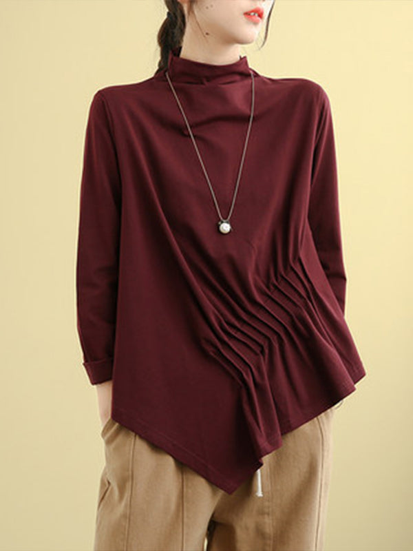 Women High Collar Solid Color Irregular Bottoming Shirt