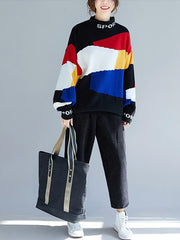 Loose Contrast Color High-Neck Knitting Sweater