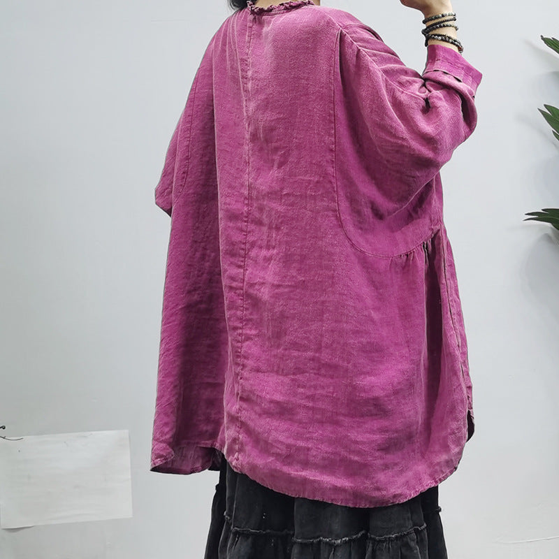Retro Solid Color Washed Older Long Sleeve Midi Dress
