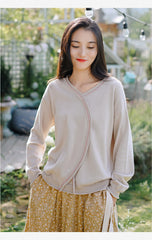 Women Solid Color Casual Loose V-Neck Sweater