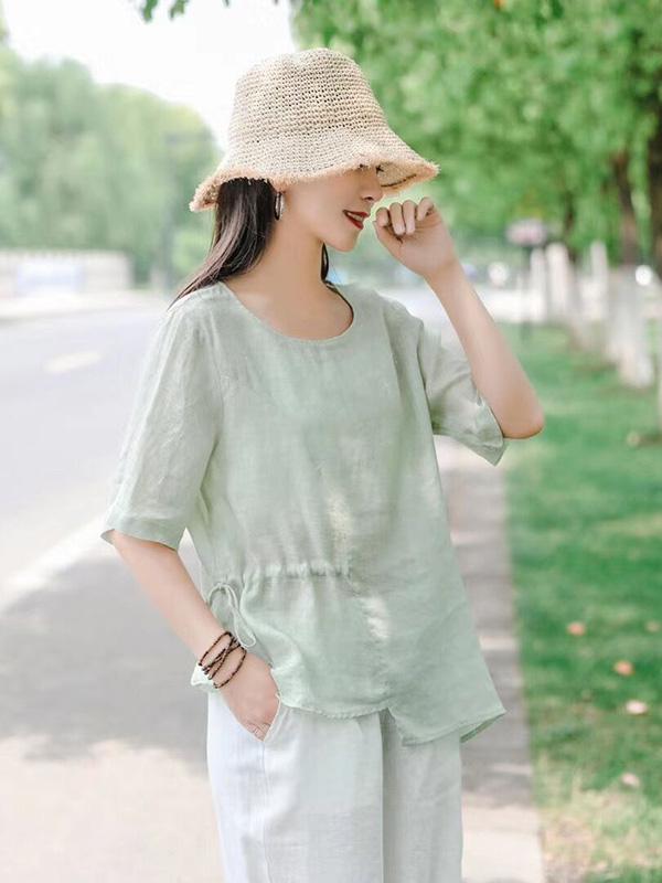Vintage Irregularity  Drawstring Elasticity Waist Tops