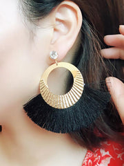 Rhinestone Tasseled Metal-ring Big Earrings