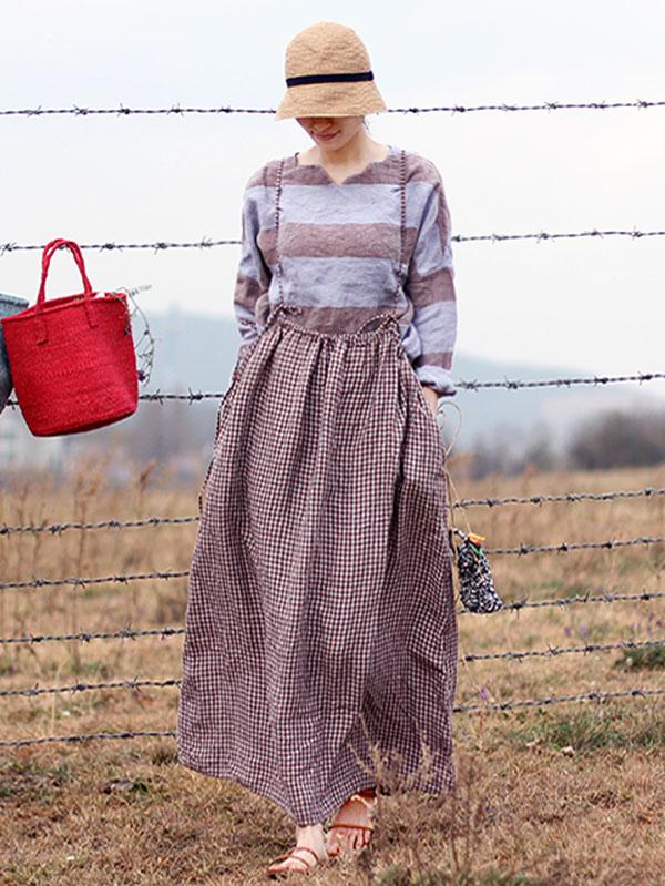 Retro Linen Plaid Braces Skirt