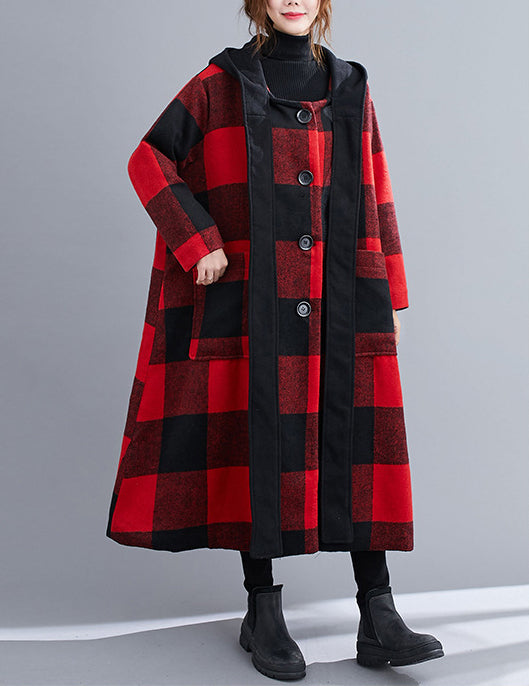 Hooded Thick Woolen Plaid Loose Long Coat