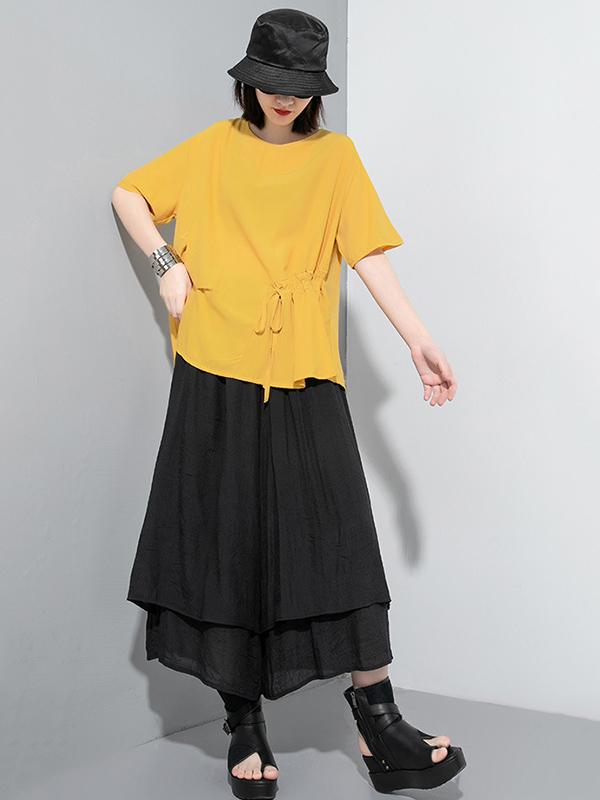 Simple Split-Joint Solid Lace-Up T-Shirt