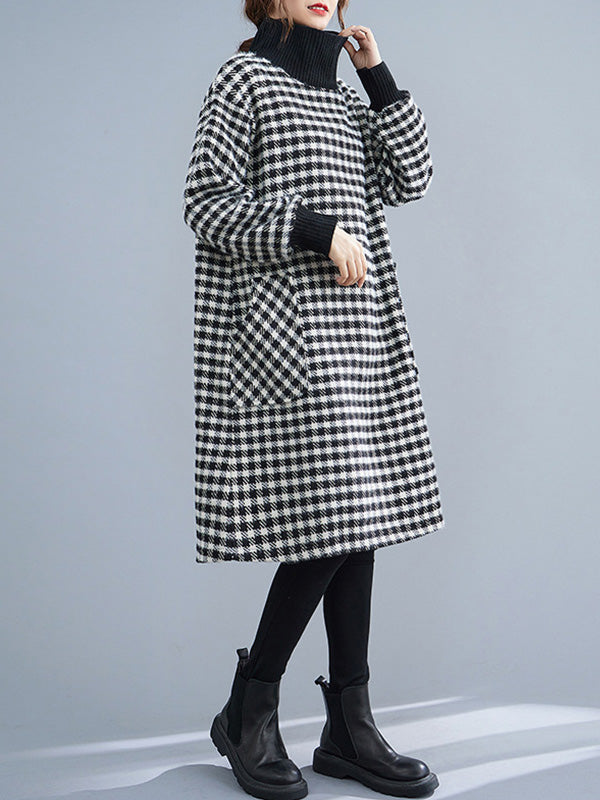 Large Size Loose Mid-Length Plaid Turtleneck Dress