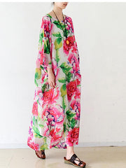 Ethnic Style Floral A-Line Loose Seven-Quarter Sleeve Long Dress