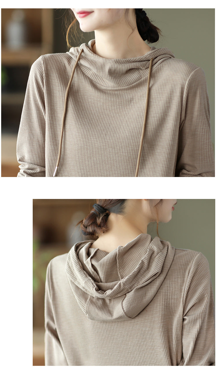 Solid Color Pit Striped Hooded Loose T-Shirt