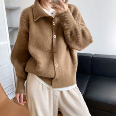 Women Lapel Solid Color Casual Sweater