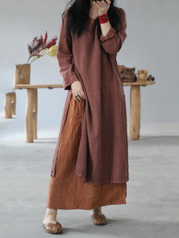 Vintage Solid V-Neck Split-Side Button Dress