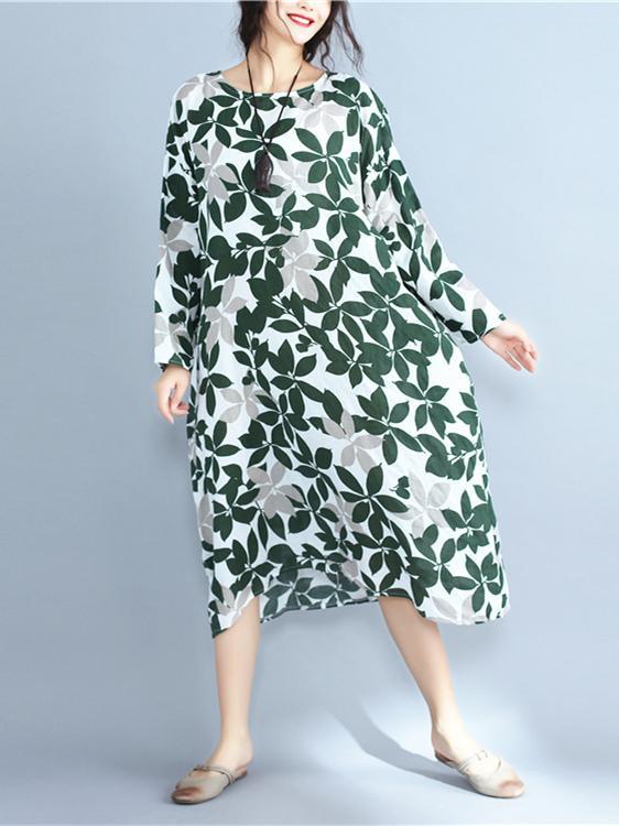 Leaves Print Ramie Cotton Long Dress