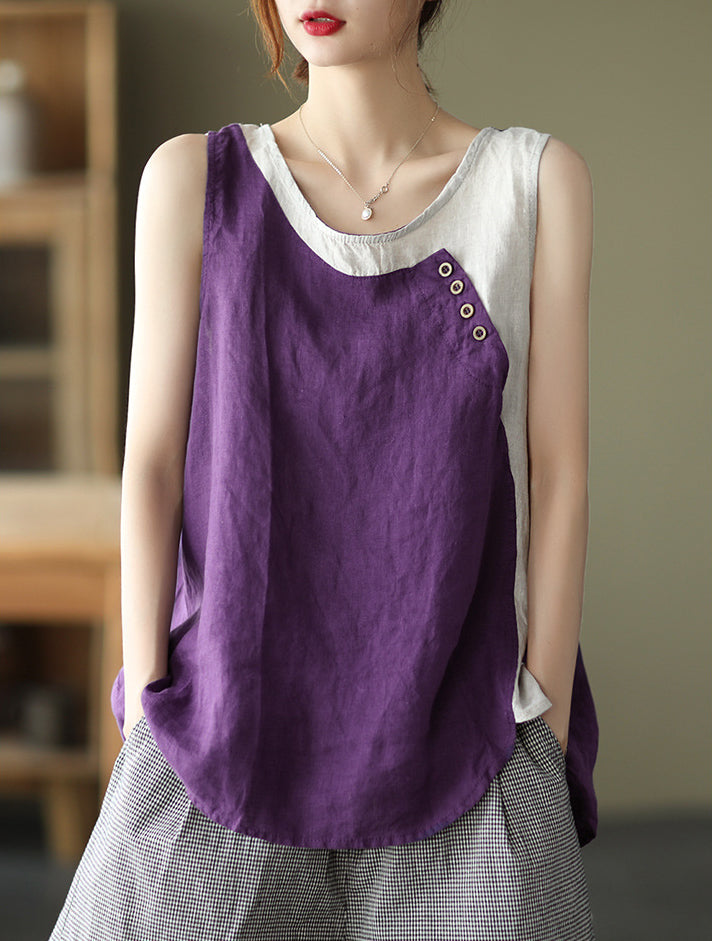 Round Neck Split-Joint Contrast Color Vest Top