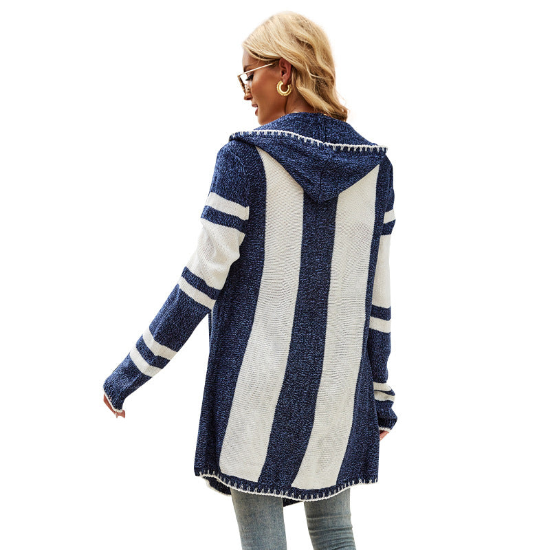 Striped Contrast Color Hooded Irregular Knit Sweater Outwear