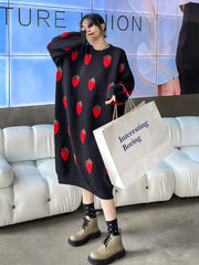 Loose Strawberry Jacquard Knit Midi Dress