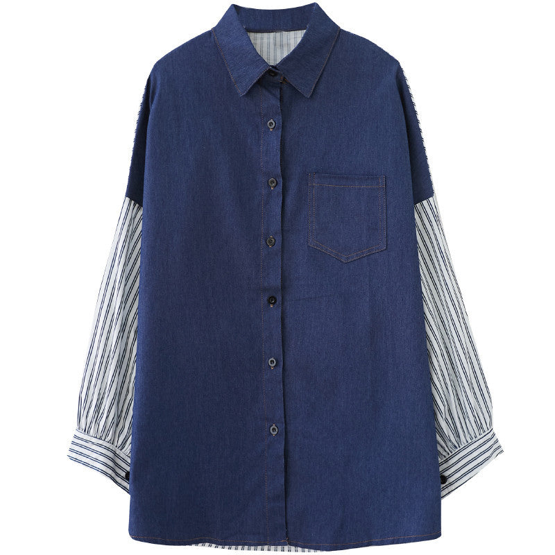 Lapel Denim Split-Joint Striped Shirt